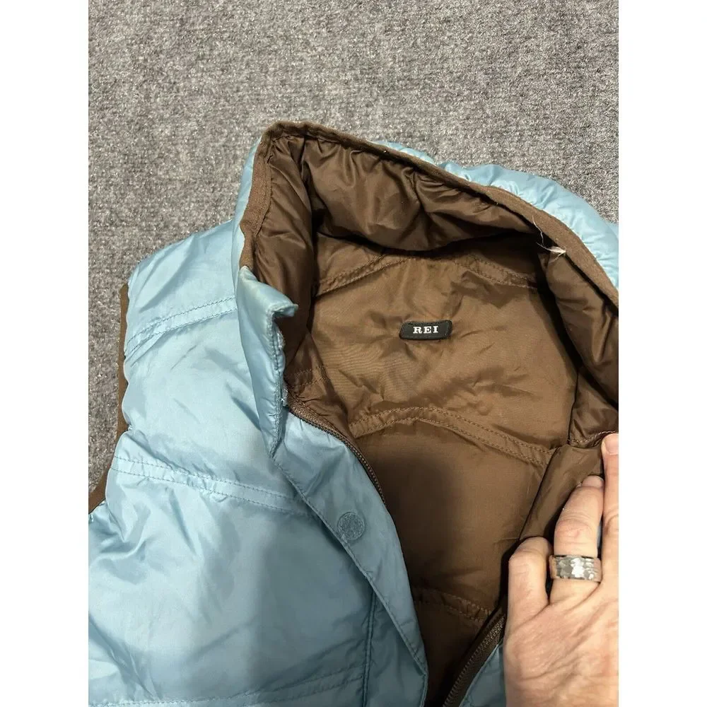 REI Puffer Down Vest Girls 12/14 Goose Down Reversible Blue/Brown Hiking Outdoor